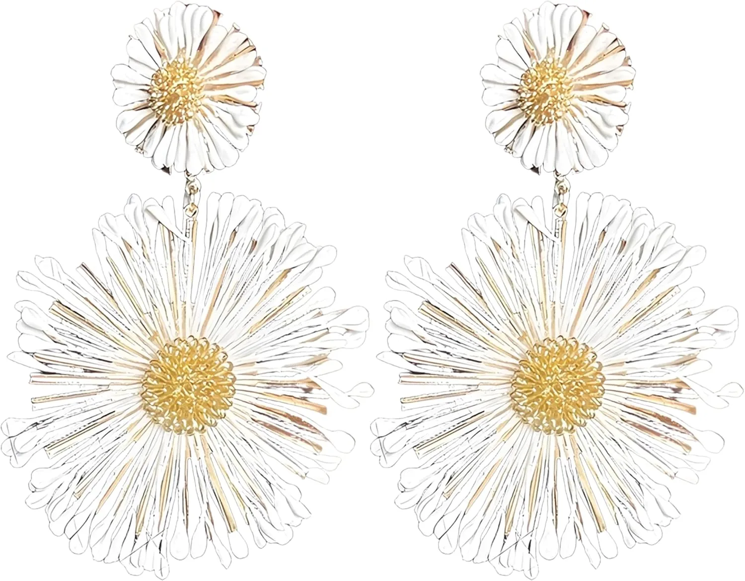 Double Flower Earrings for Women Large Daisy Earrings Boho 18K Gold Hypoallergenic Sunflower Dangle Earrings Beach Summer Statement Drops with Layered Petals Chunky Floral Hawaiian Earring Jewelry