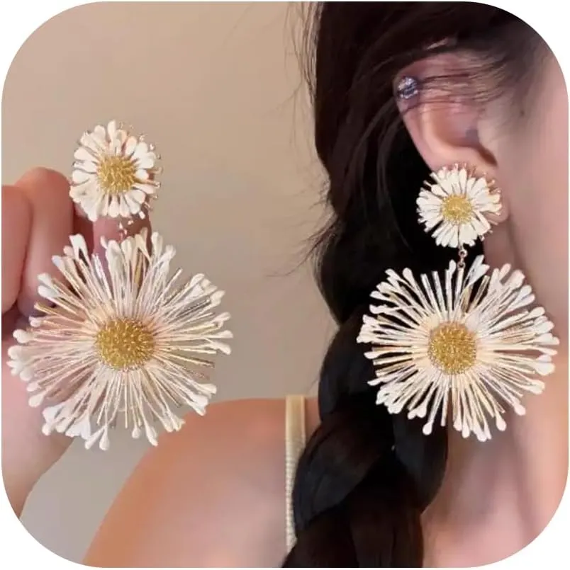 Double Flower Earrings for Women Large Daisy Earrings Boho 18K Gold Hypoallergenic Sunflower Dangle Earrings Beach Summer Statement Drops with Layered Petals Chunky Floral Hawaiian Earring Jewelry