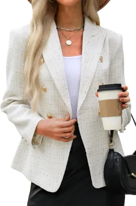 ELLEVEN Women's Tweed Blazers Business Casual - Long Sleeve Double Breasted Jackets Open Front Work Suits
