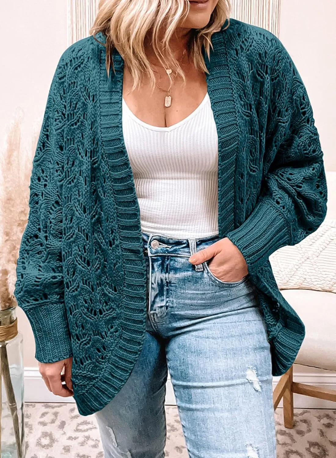 Eytino Womens Plus Size Crochet Cardigan Sweater Long Sleeve Hollow Out Open Front Cardigans Outwear(1X-5X)