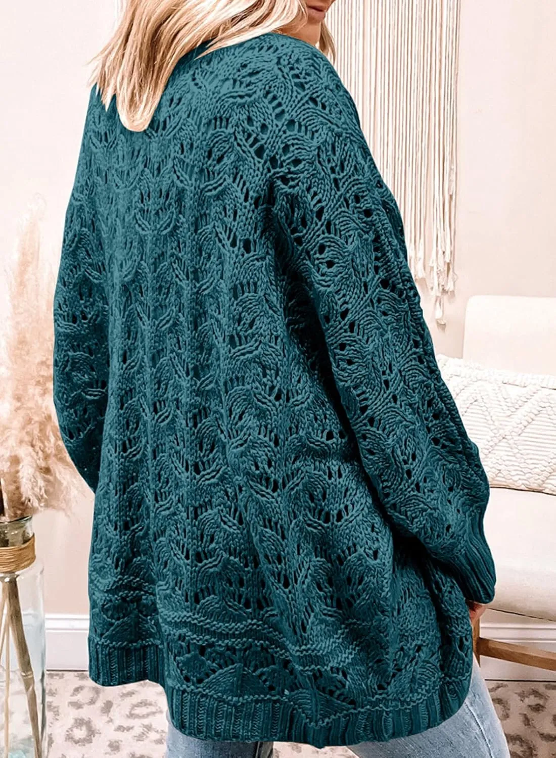Eytino Womens Plus Size Crochet Cardigan Sweater Long Sleeve Hollow Out Open Front Cardigans Outwear(1X-5X)