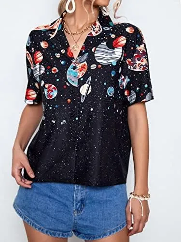 Floerns Women's Casual V Neck Collared Button Up Blouse Top Print Summer Shirt