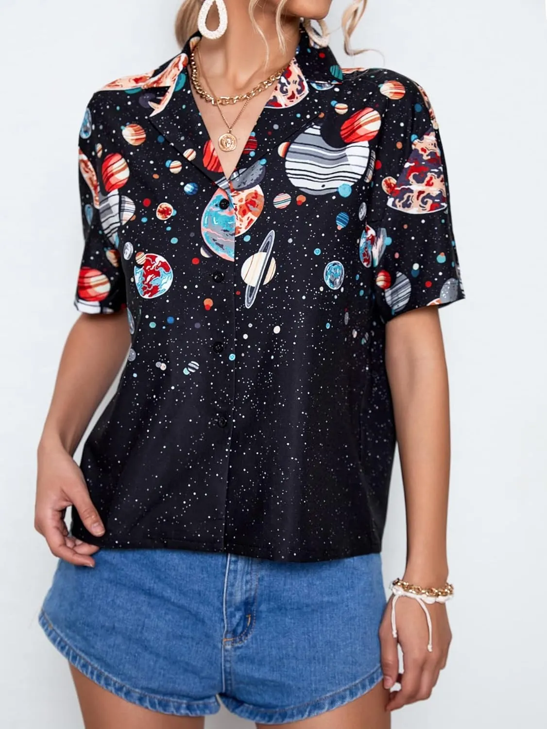 Floerns Women's Casual V Neck Collared Button Up Blouse Top Print Summer Shirt