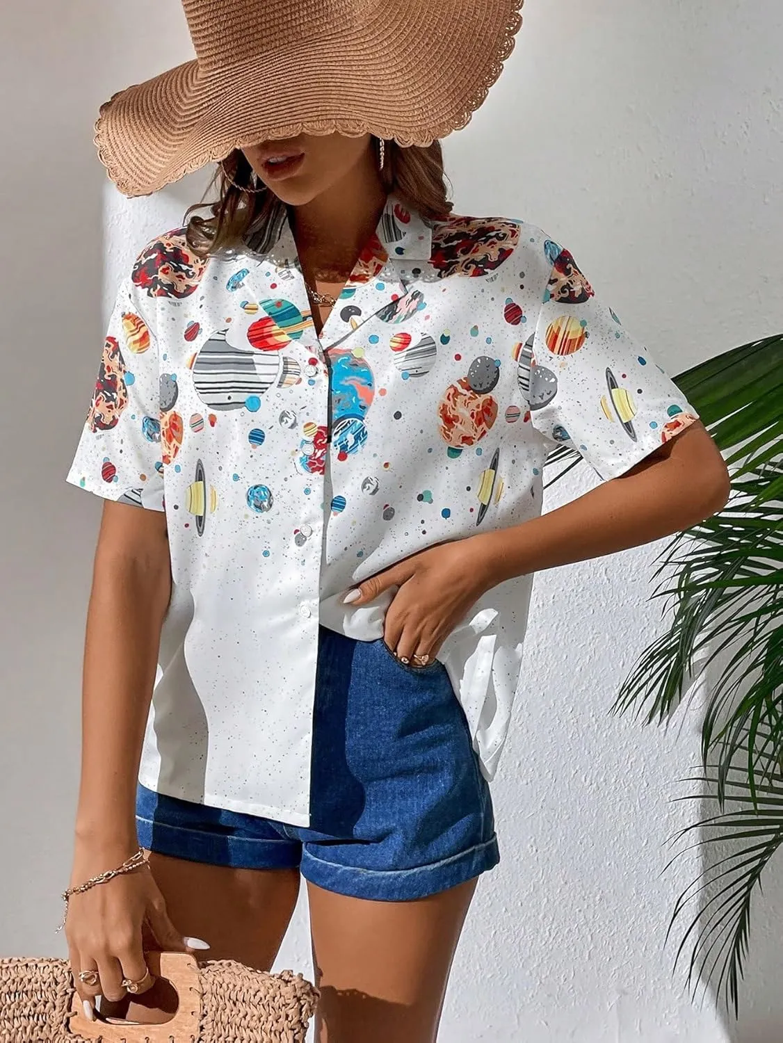 Floerns Women's Casual V Neck Collared Button Up Blouse Top Print Summer Shirt