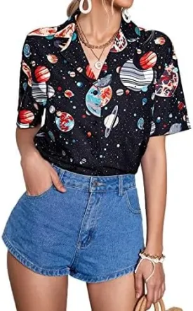 Floerns Women's Casual V Neck Collared Button Up Blouse Top Print Summer Shirt