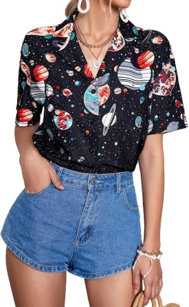 Floerns Women's Casual V Neck Collared Button Up Blouse Top Print Summer Shirt