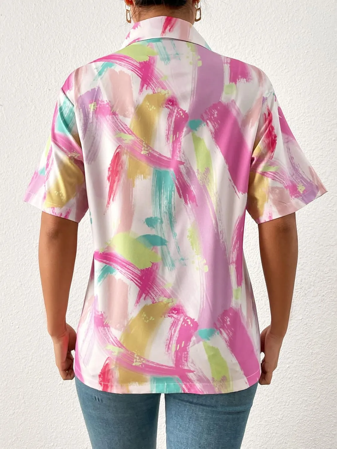Floerns Women's Casual V Neck Collared Button Up Blouse Top Print Summer Shirt