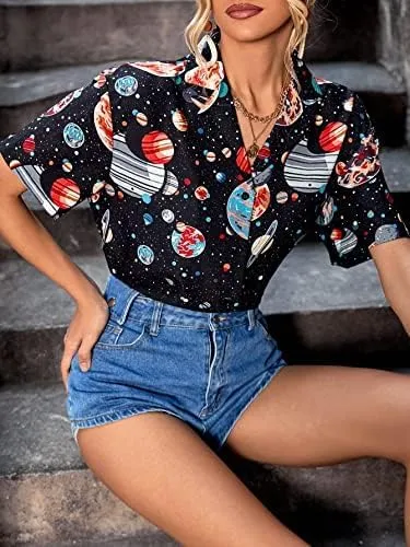 Floerns Women's Casual V Neck Collared Button Up Blouse Top Print Summer Shirt