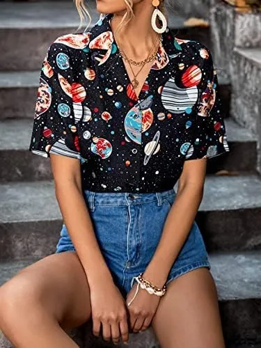 Floerns Women's Casual V Neck Collared Button Up Blouse Top Print Summer Shirt