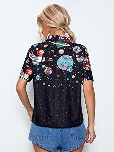 Floerns Women's Casual V Neck Collared Button Up Blouse Top Print Summer Shirt