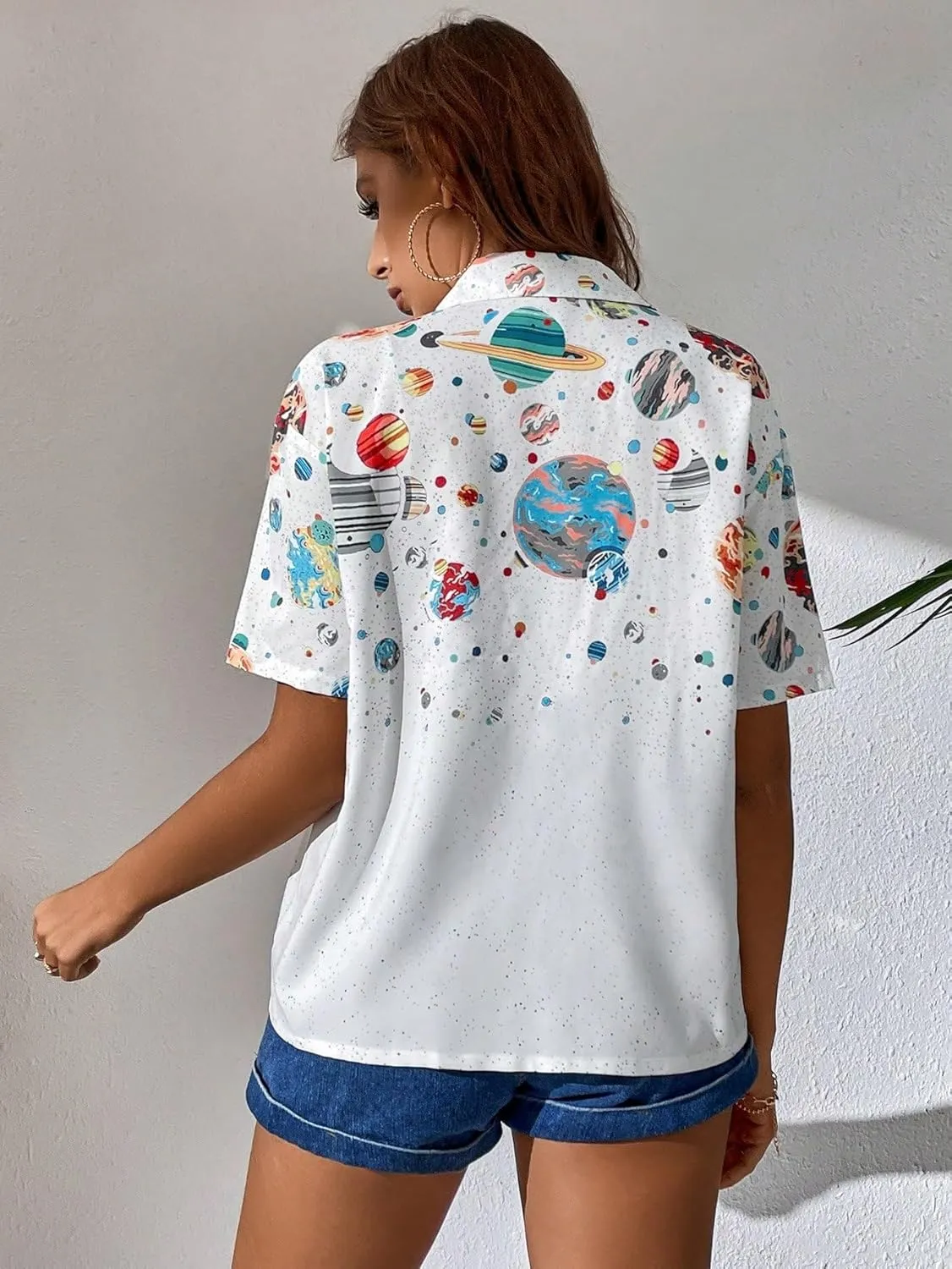 Floerns Women's Casual V Neck Collared Button Up Blouse Top Print Summer Shirt