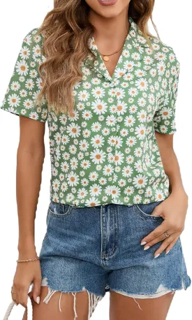 Floerns Women's Casual V Neck Collared Button Up Blouse Top Print Summer Shirt