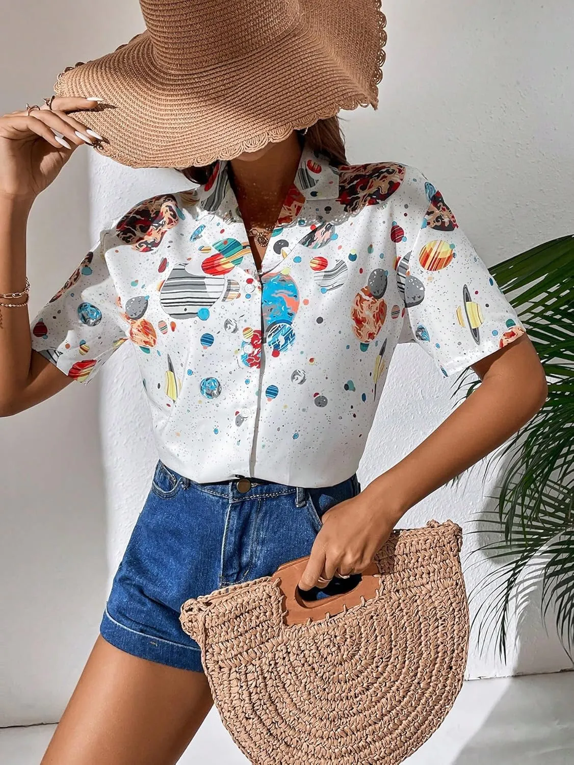 Floerns Women's Casual V Neck Collared Button Up Blouse Top Print Summer Shirt