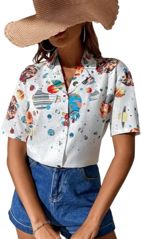Floerns Women's Casual V Neck Collared Button Up Blouse Top Print Summer Shirt