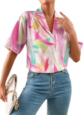 Floerns Women's Casual V Neck Collared Button Up Blouse Top Print Summer Shirt