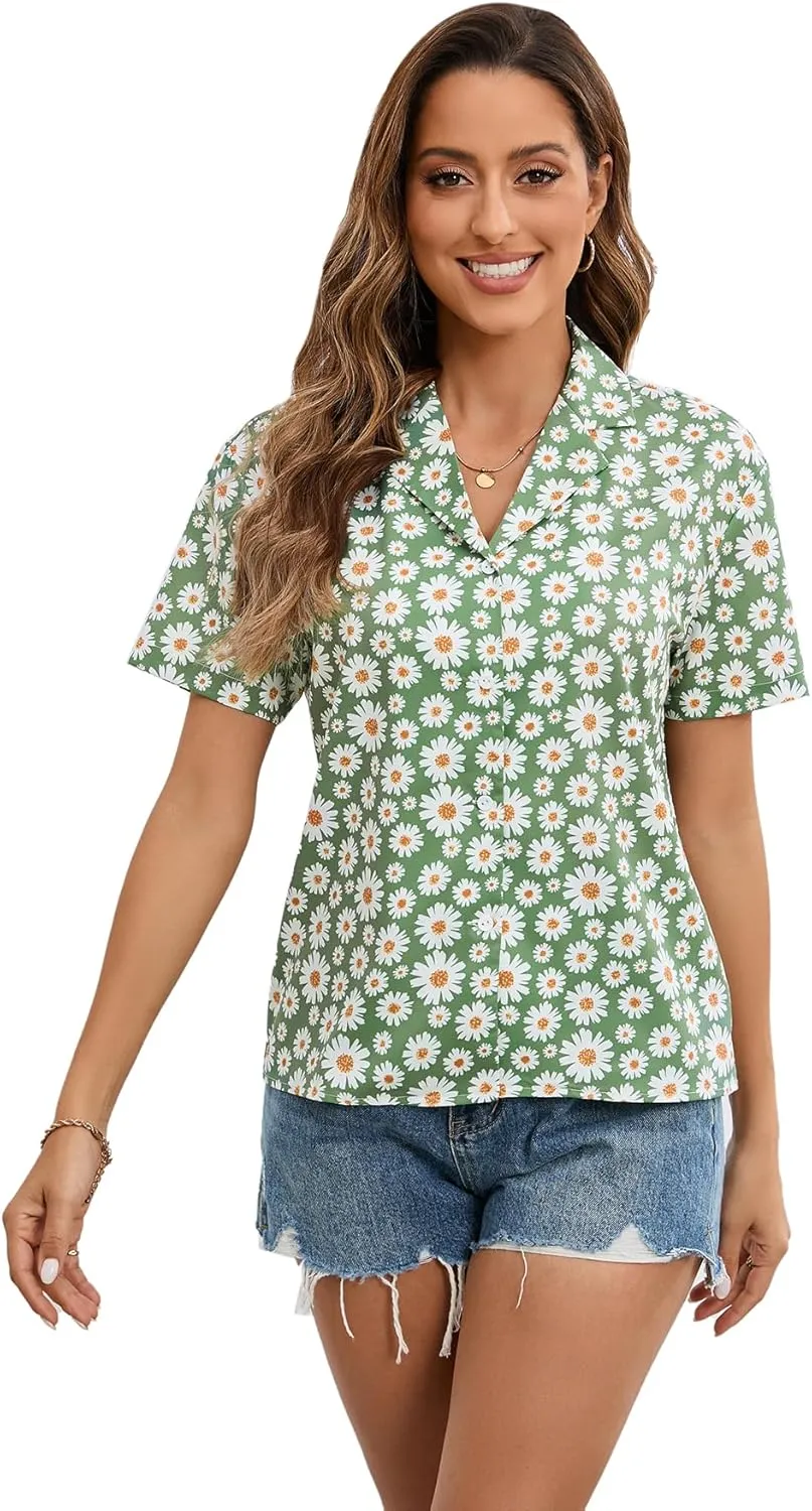 Floerns Women's Casual V Neck Collared Button Up Blouse Top Print Summer Shirt