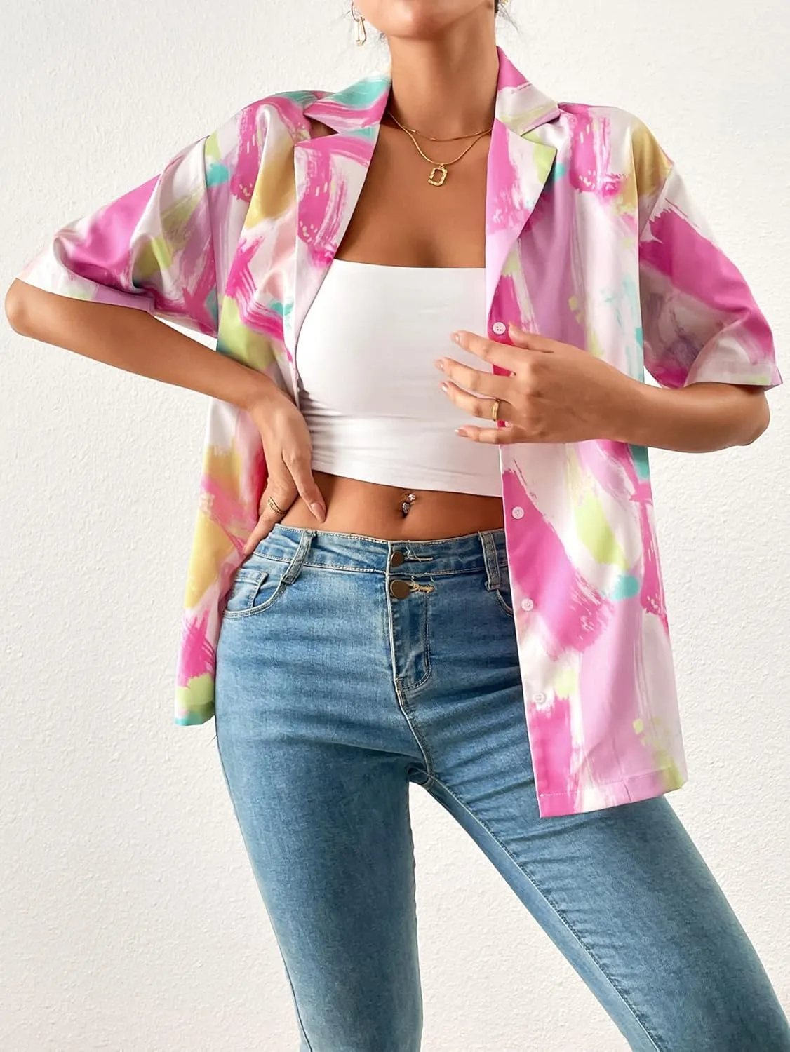Floerns Women's Casual V Neck Collared Button Up Blouse Top Print Summer Shirt