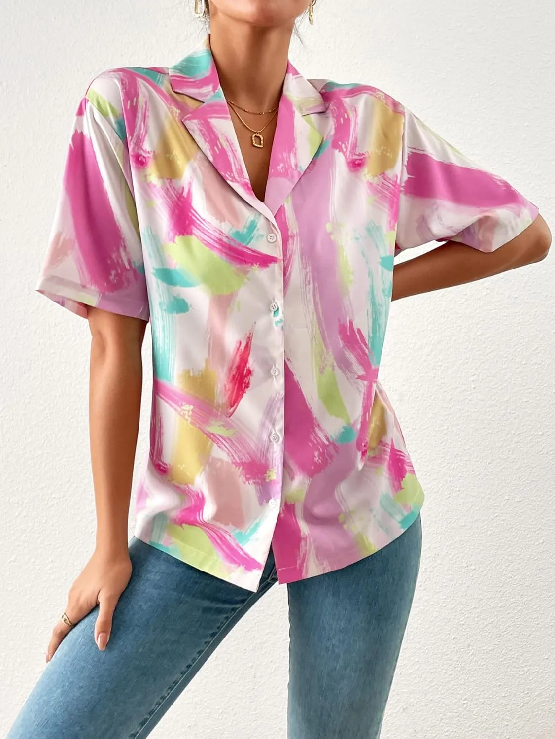 Floerns Women's Casual V Neck Collared Button Up Blouse Top Print Summer Shirt