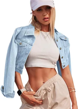 Grabsa Women's Button Down Long Sleeve Cropped Denim Jean Jacket with Pockets