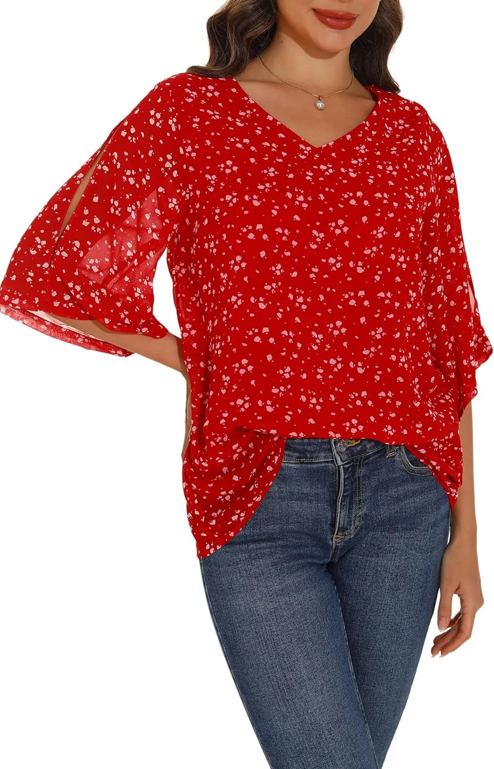 GUANYY Women's Ruffle 3/4 Sleeve Chiffon Tops Casual V Neck Double Layers Sheer Blouses Business Work Dressy Shirt S-XXL