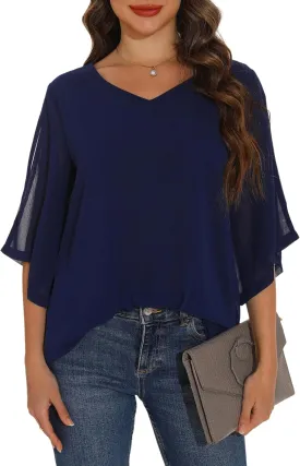GUANYY Women's Ruffle 3/4 Sleeve Chiffon Tops Casual V Neck Double Layers Sheer Blouses Business Work Dressy Shirt S-XXL