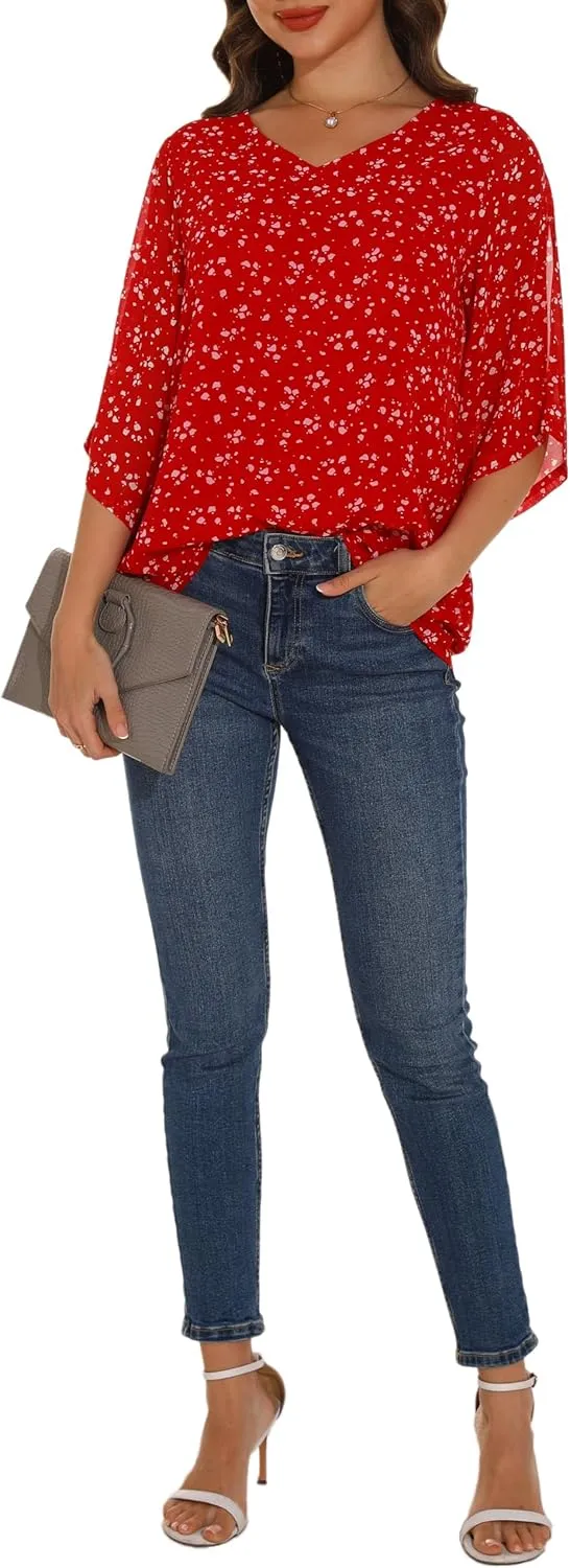 GUANYY Women's Ruffle 3/4 Sleeve Chiffon Tops Casual V Neck Double Layers Sheer Blouses Business Work Dressy Shirt S-XXL