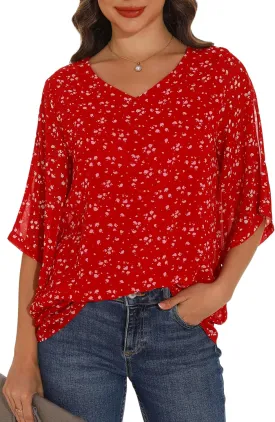 GUANYY Women's Ruffle 3/4 Sleeve Chiffon Tops Casual V Neck Double Layers Sheer Blouses Business Work Dressy Shirt S-XXL