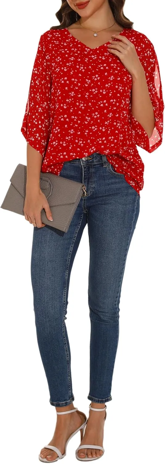 GUANYY Women's Ruffle 3/4 Sleeve Chiffon Tops Casual V Neck Double Layers Sheer Blouses Business Work Dressy Shirt S-XXL