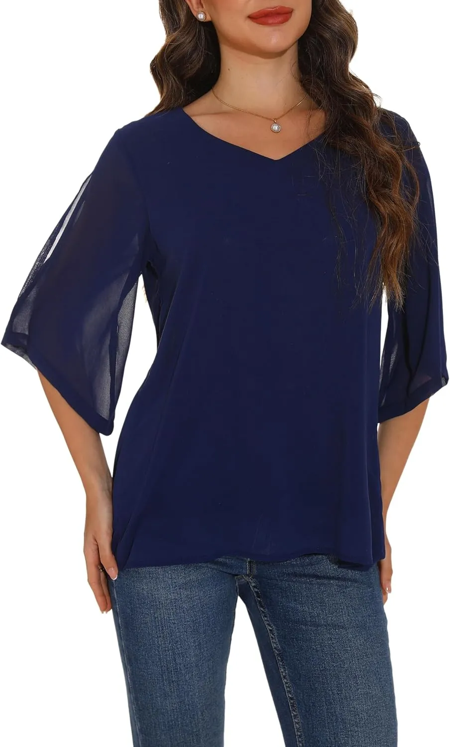 GUANYY Women's Ruffle 3/4 Sleeve Chiffon Tops Casual V Neck Double Layers Sheer Blouses Business Work Dressy Shirt S-XXL