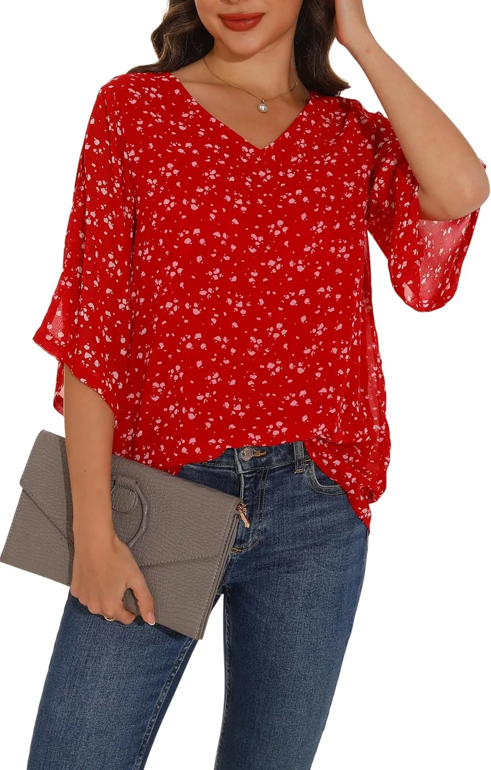 GUANYY Women's Ruffle 3/4 Sleeve Chiffon Tops Casual V Neck Double Layers Sheer Blouses Business Work Dressy Shirt S-XXL