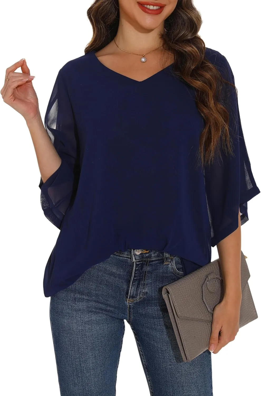 GUANYY Women's Ruffle 3/4 Sleeve Chiffon Tops Casual V Neck Double Layers Sheer Blouses Business Work Dressy Shirt S-XXL