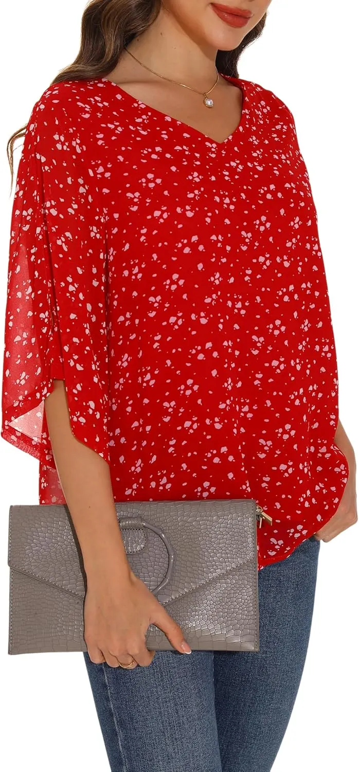 GUANYY Women's Ruffle 3/4 Sleeve Chiffon Tops Casual V Neck Double Layers Sheer Blouses Business Work Dressy Shirt S-XXL