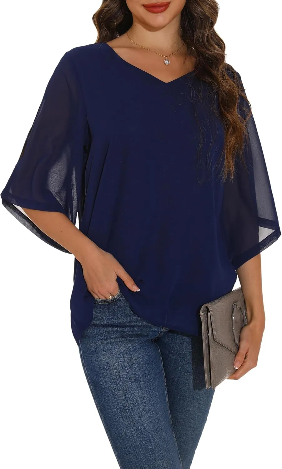 GUANYY Women's Ruffle 3/4 Sleeve Chiffon Tops Casual V Neck Double Layers Sheer Blouses Business Work Dressy Shirt S-XXL