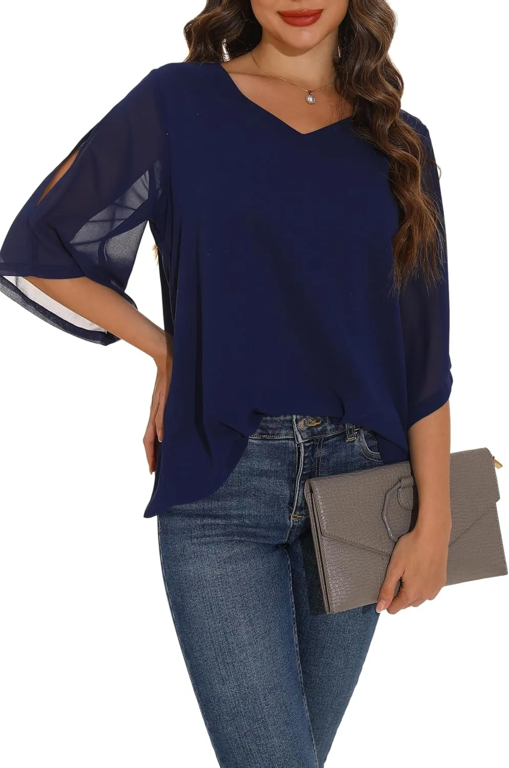 GUANYY Women's Ruffle 3/4 Sleeve Chiffon Tops Casual V Neck Double Layers Sheer Blouses Business Work Dressy Shirt S-XXL