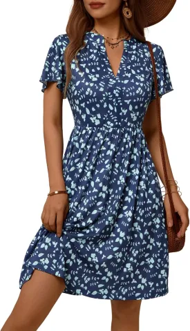 GUBERRY Womens Summer Dresses Henley V Neck Ruffle Sleeve A Line Causal Floral Midi Sundresses with Pockets