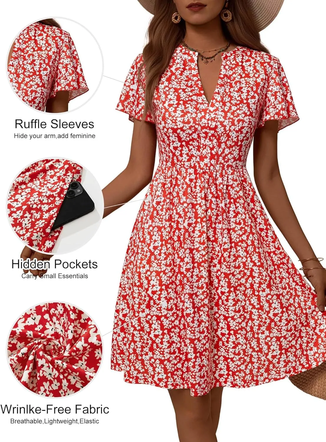 GUBERRY Womens Summer Dresses Henley V Neck Ruffle Sleeve A Line Causal Floral Midi Sundresses with Pockets