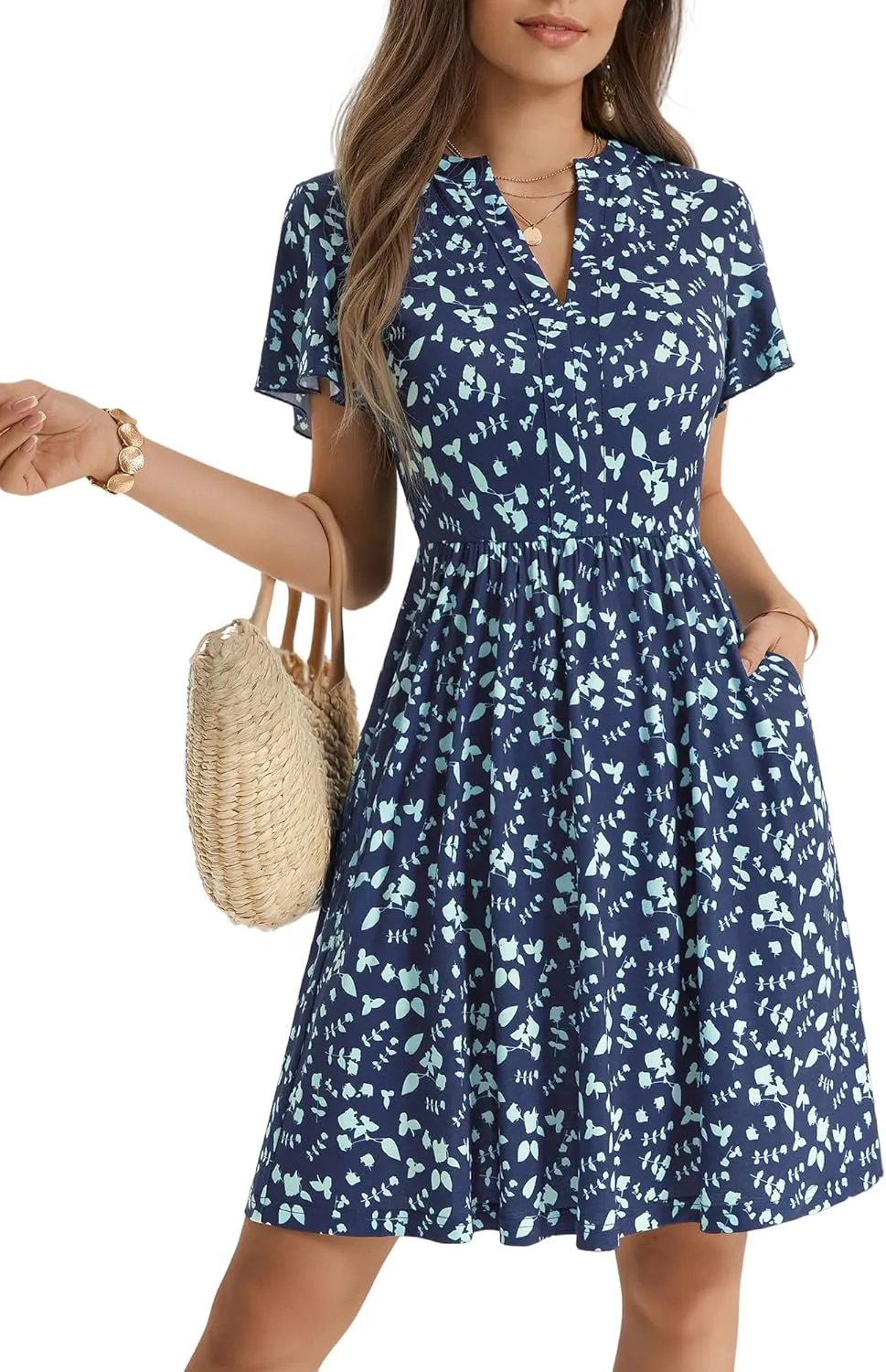 GUBERRY Womens Summer Dresses Henley V Neck Ruffle Sleeve A Line Causal Floral Midi Sundresses with Pockets