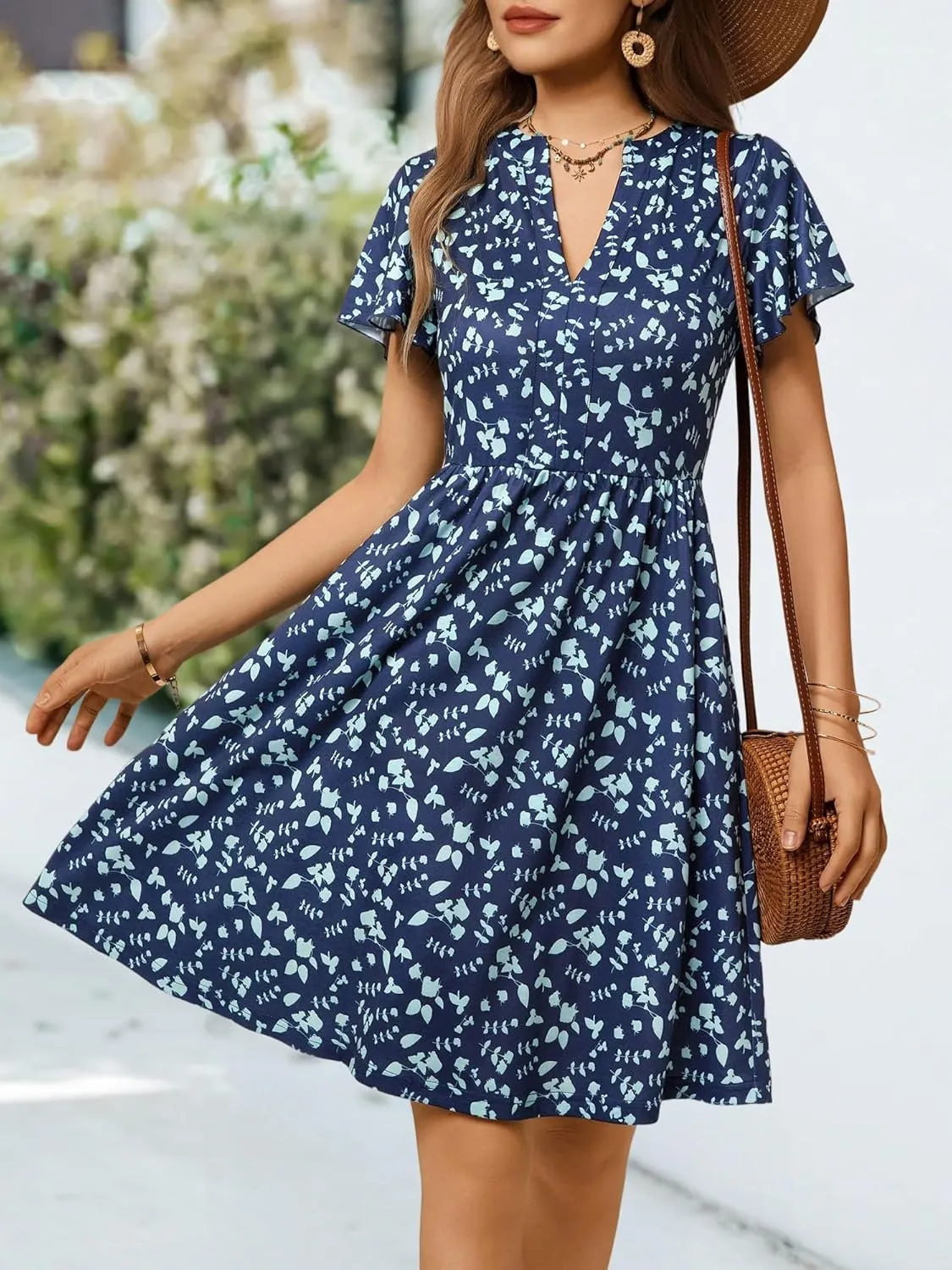 GUBERRY Womens Summer Dresses Henley V Neck Ruffle Sleeve A Line Causal Floral Midi Sundresses with Pockets