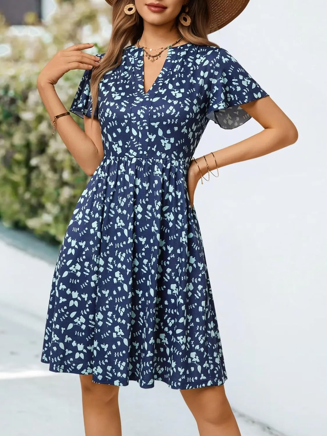 GUBERRY Womens Summer Dresses Henley V Neck Ruffle Sleeve A Line Causal Floral Midi Sundresses with Pockets