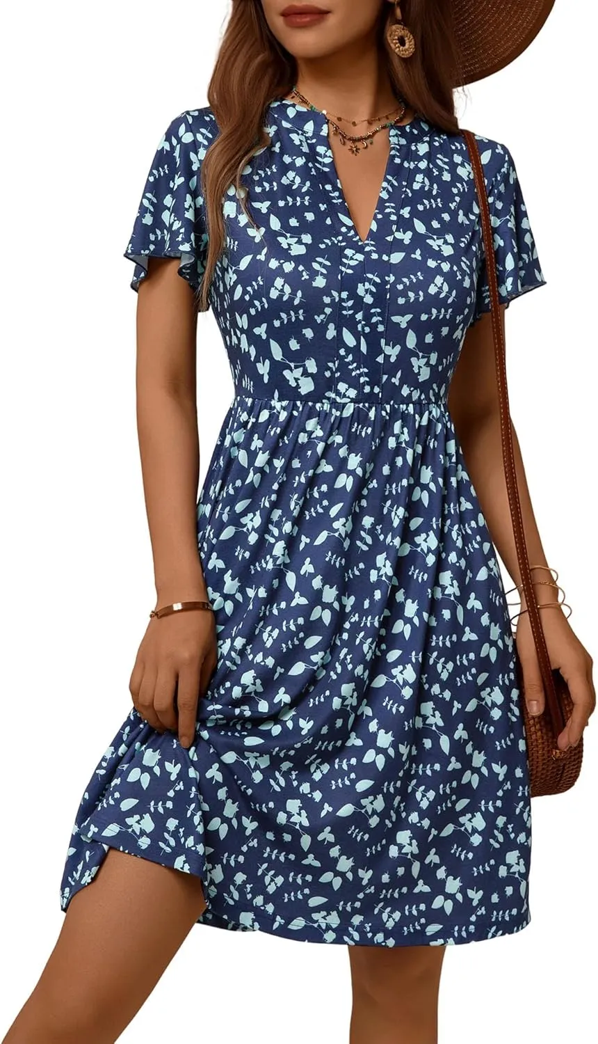 GUBERRY Womens Summer Dresses Henley V Neck Ruffle Sleeve A Line Causal Floral Midi Sundresses with Pockets
