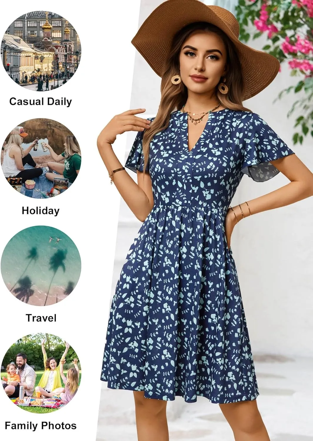GUBERRY Womens Summer Dresses Henley V Neck Ruffle Sleeve A Line Causal Floral Midi Sundresses with Pockets