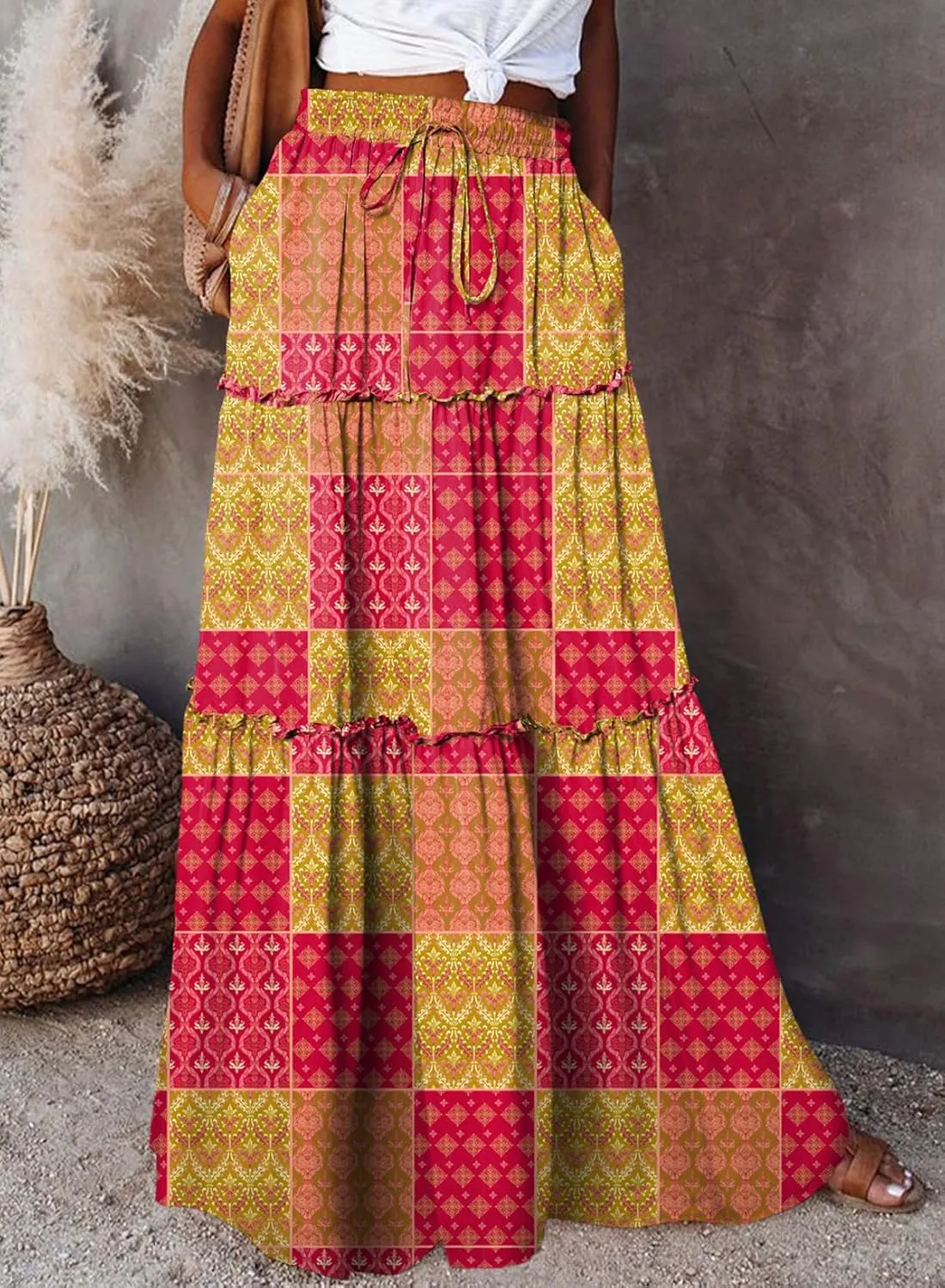 Happy Sailed Womens Floral Print Boho Maxi Skirt Elastic High Waist Pleated Ruffle Flowy Long Skirts S-XL