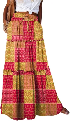 Happy Sailed Womens Floral Print Boho Maxi Skirt Elastic High Waist Pleated Ruffle Flowy Long Skirts S-XL
