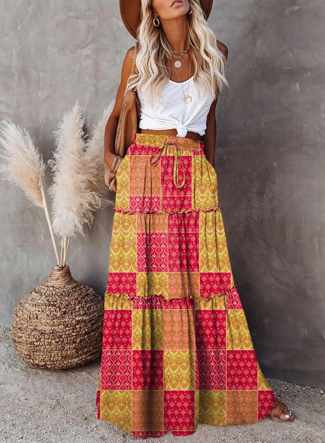 Happy Sailed Womens Floral Print Boho Maxi Skirt Elastic High Waist Pleated Ruffle Flowy Long Skirts S-XL