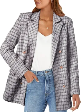 Happy Sailed Womens Plaid Tweed Blazers Dressy Casual Long Sleeve Double Breasted Open Front Blazer Jackets Work Suits