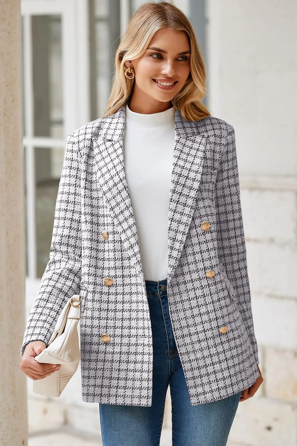 Happy Sailed Womens Plaid Tweed Blazers Dressy Casual Long Sleeve Double Breasted Open Front Blazer Jackets Work Suits