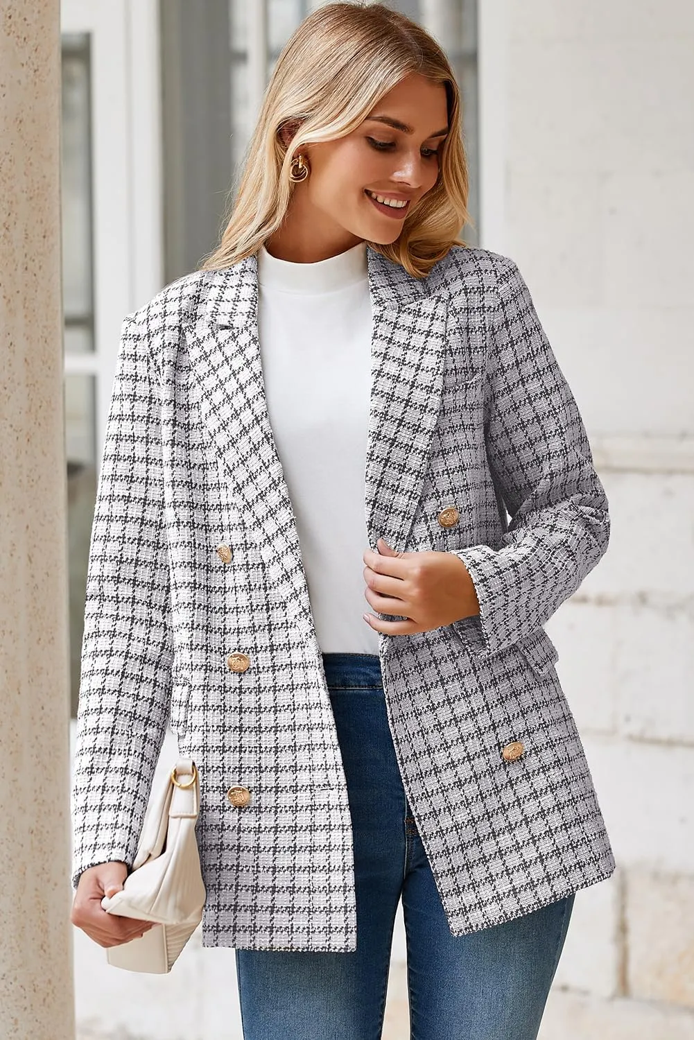 Happy Sailed Womens Plaid Tweed Blazers Dressy Casual Long Sleeve Double Breasted Open Front Blazer Jackets Work Suits