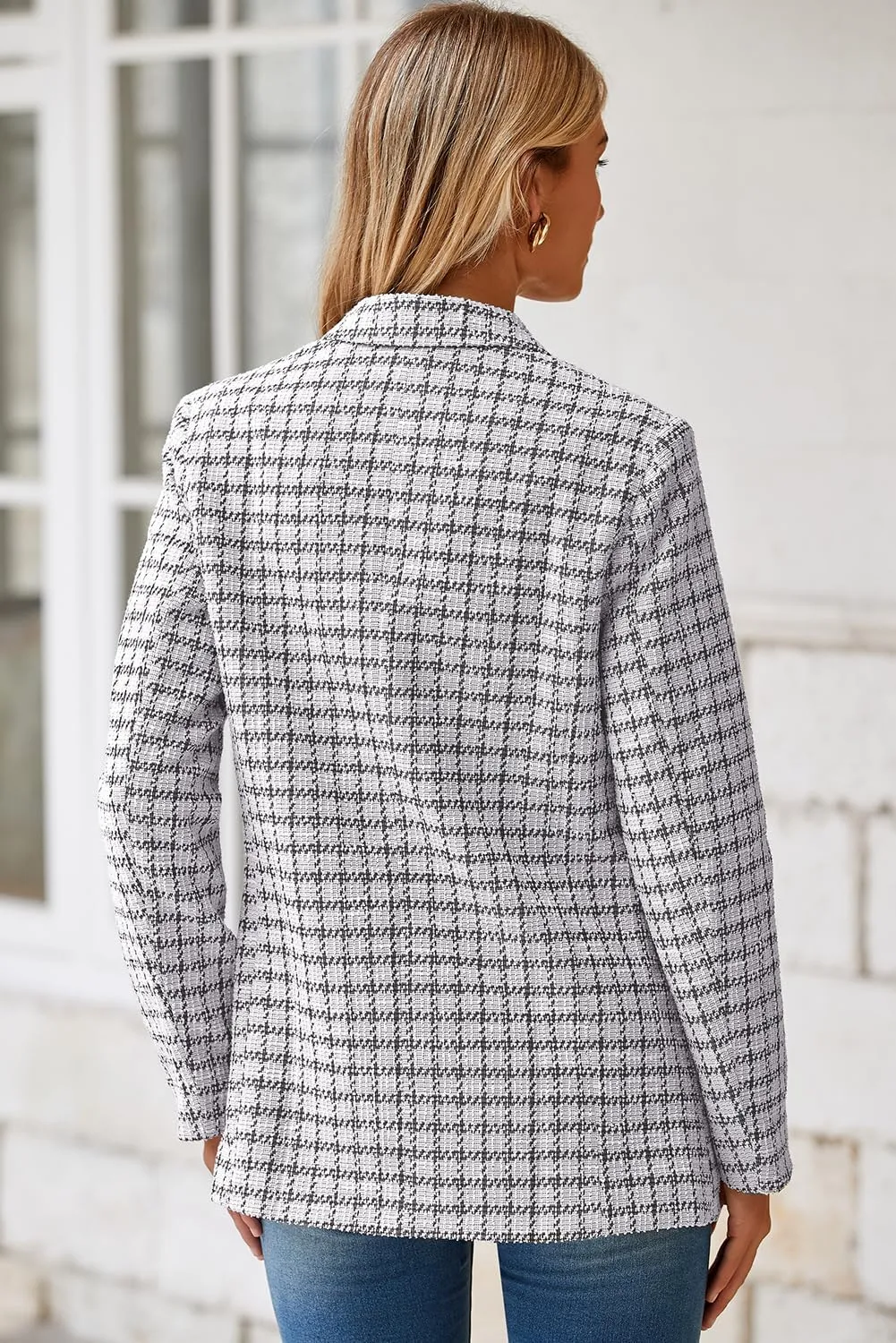 Happy Sailed Womens Plaid Tweed Blazers Dressy Casual Long Sleeve Double Breasted Open Front Blazer Jackets Work Suits