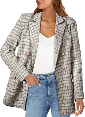 Happy Sailed Womens Plaid Tweed Blazers Dressy Casual Long Sleeve Double Breasted Open Front Blazer Jackets Work Suits