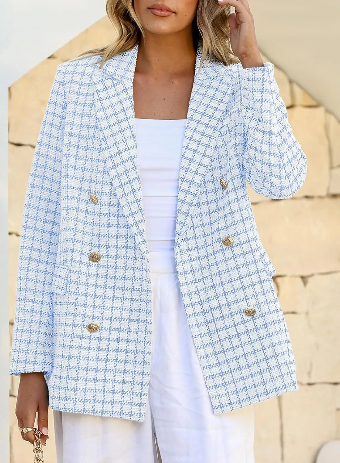 Happy Sailed Womens Plaid Tweed Blazers Dressy Casual Long Sleeve Double Breasted Open Front Blazer Jackets Work Suits